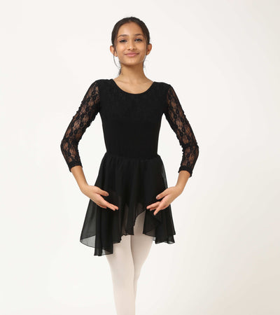 Black Full Sleeves Lace Leotard with Elastic Skirt