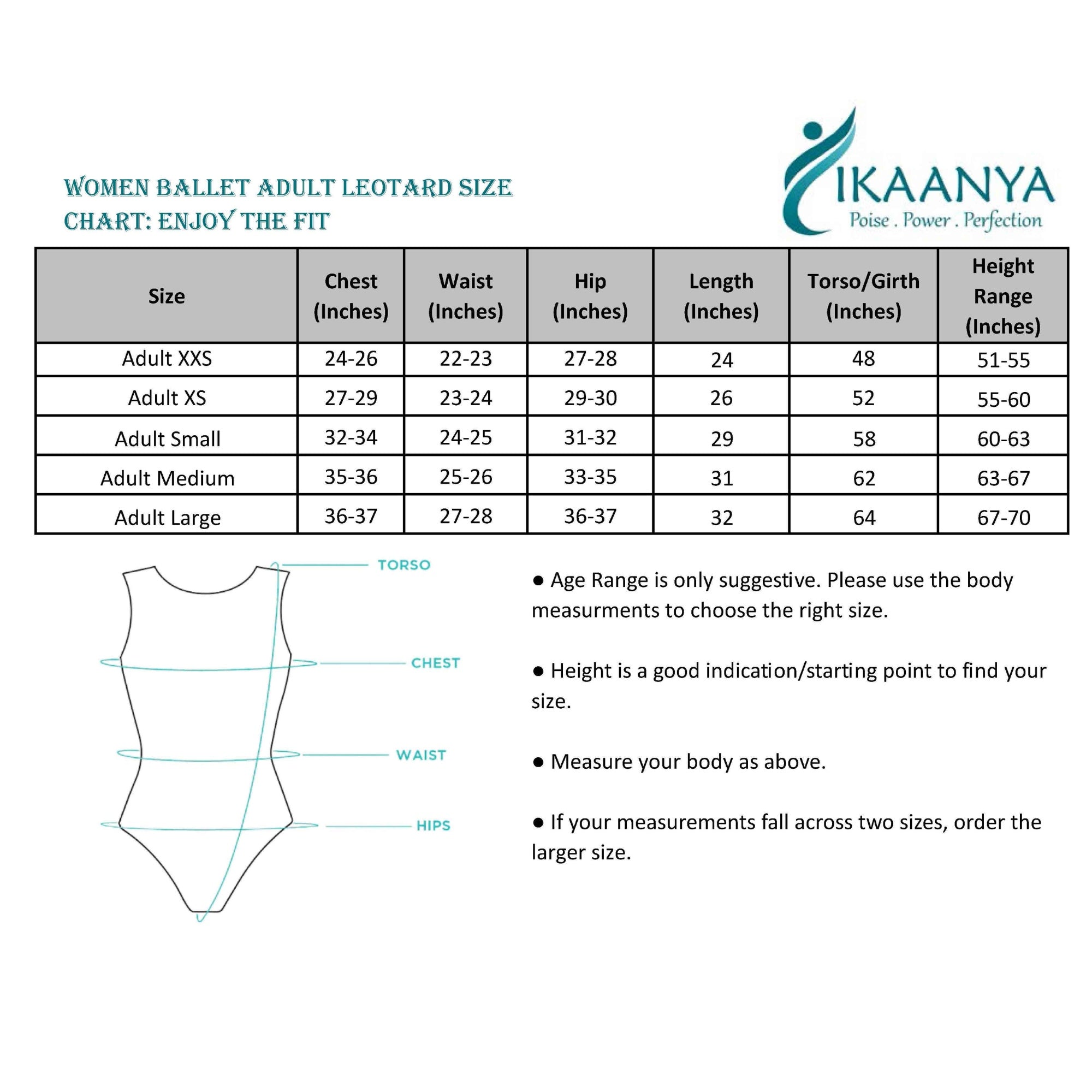 Size chart for Women Classic Boat Neck Leotard
