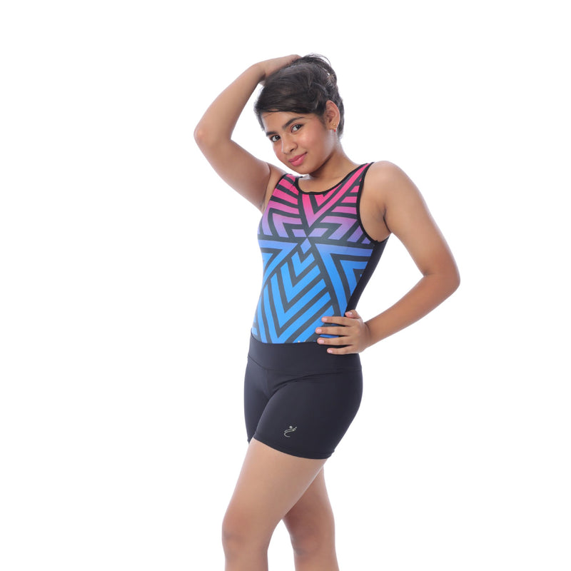 Geometric Ombre Multicolor Leotard with Matte Shorts