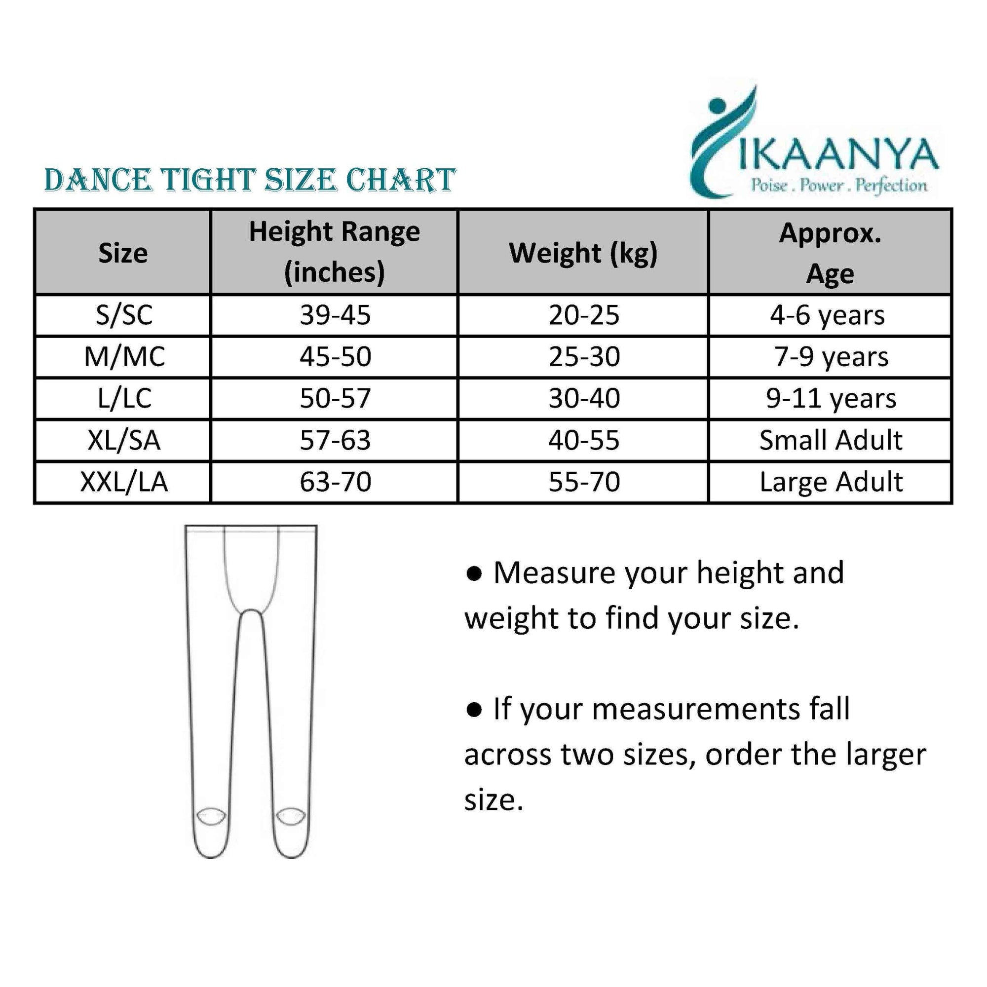 Size chart for 3 pcs Combo Ballet Pink  Professional Transition Convertible Tights