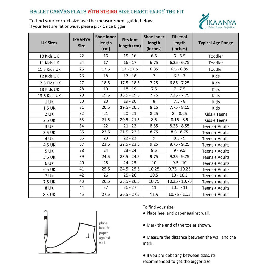 Size chart for Canvas Ballet Flats with String