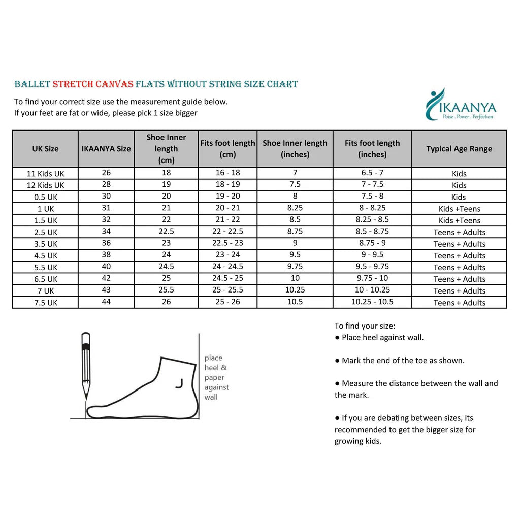 Size chart for Stretch Canvas Ballet Flats - Black