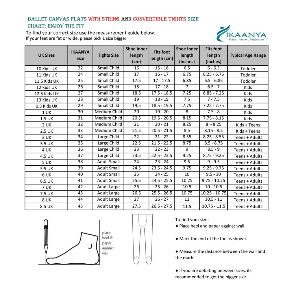 Size chart for Combo -  Canvas Ballet Flats + Convertible Tights