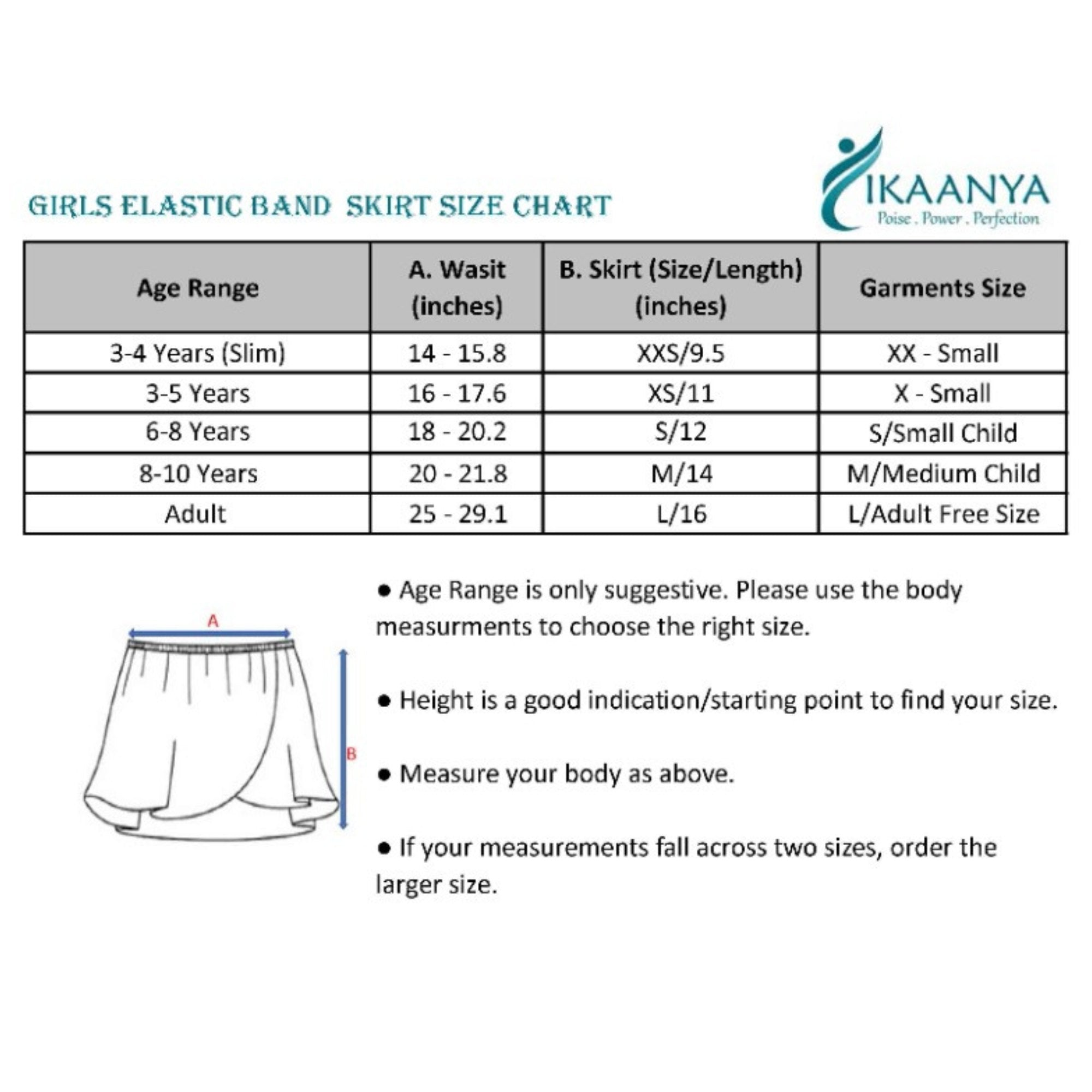 Size chart for Ballet Elastic Waist Band Skirt