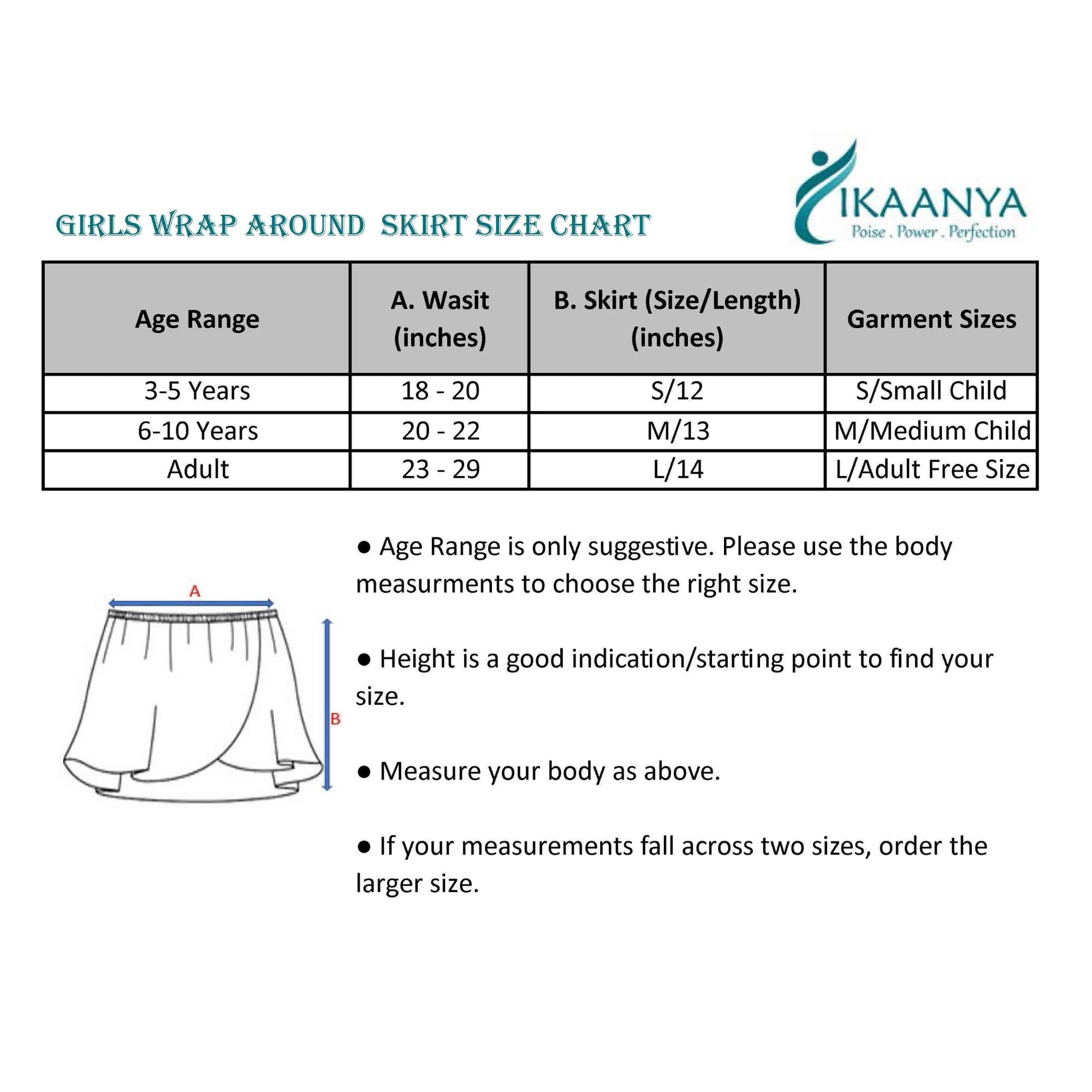 Size chart for Classic Ballet Wrap around Skirt