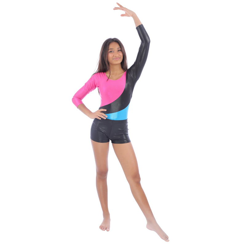 Full-Sleeves Color Block Pattern Metallic Leotard and Shorts Gymnastics Combo