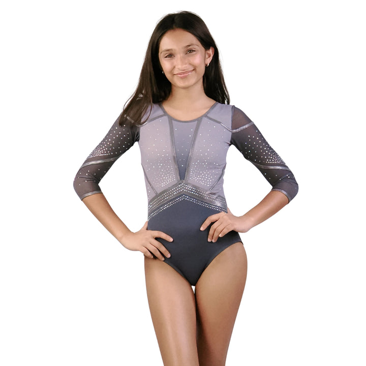 STEEL GLOW| Rhinestone Full Sleeve Leotard