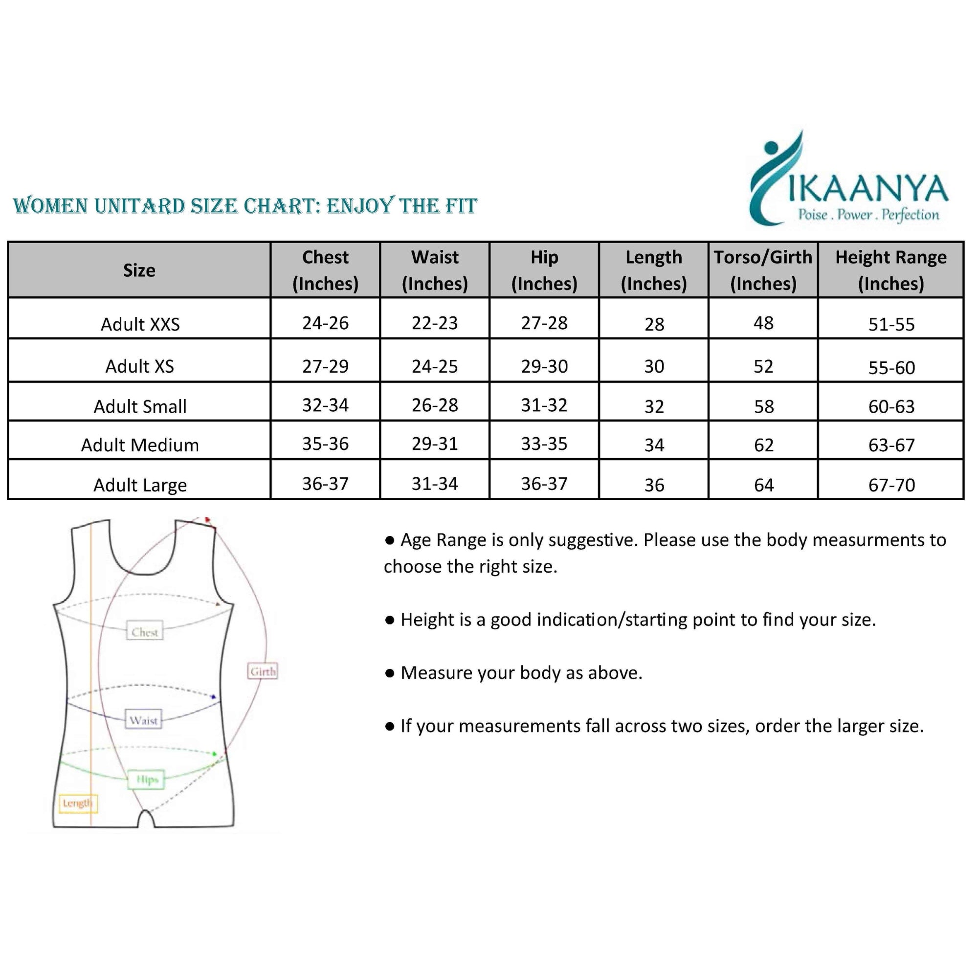 Size chart for Classic Adults Unitard/Biketard