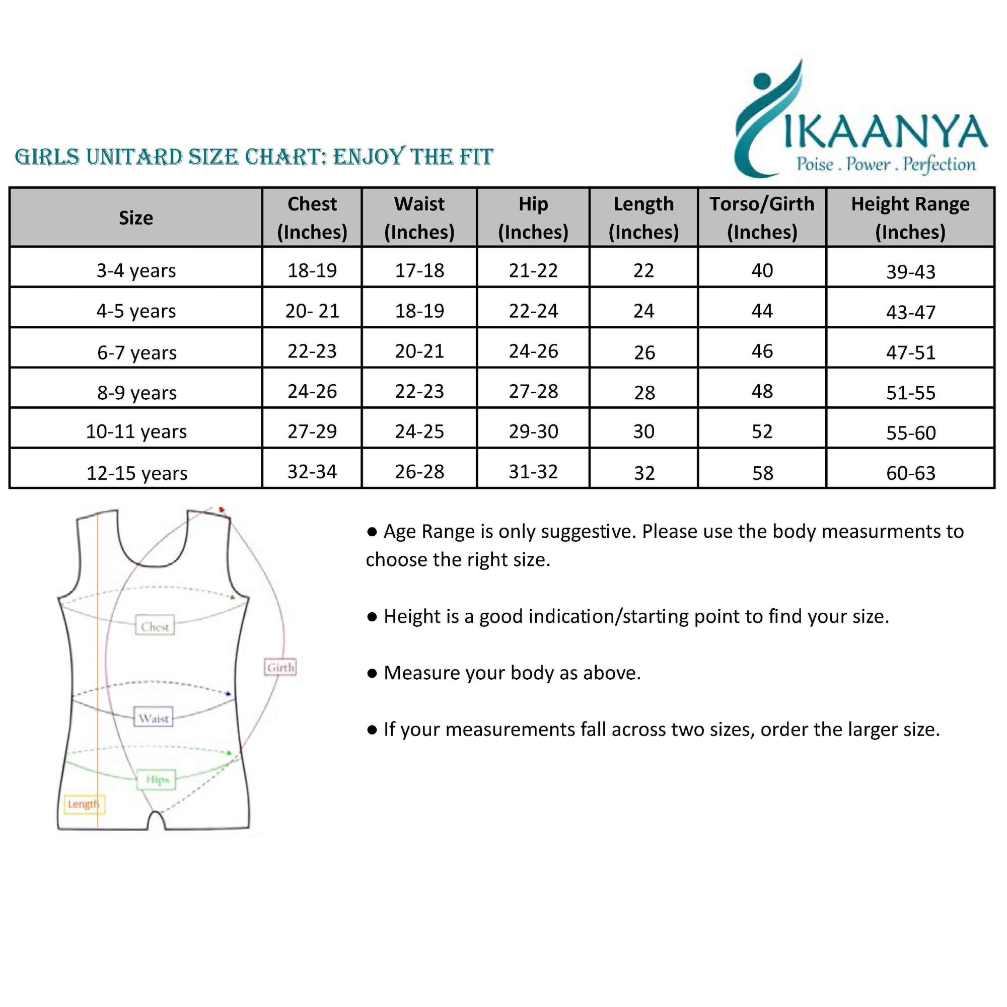 Size chart for Classic Unisex Unitard/Biketard