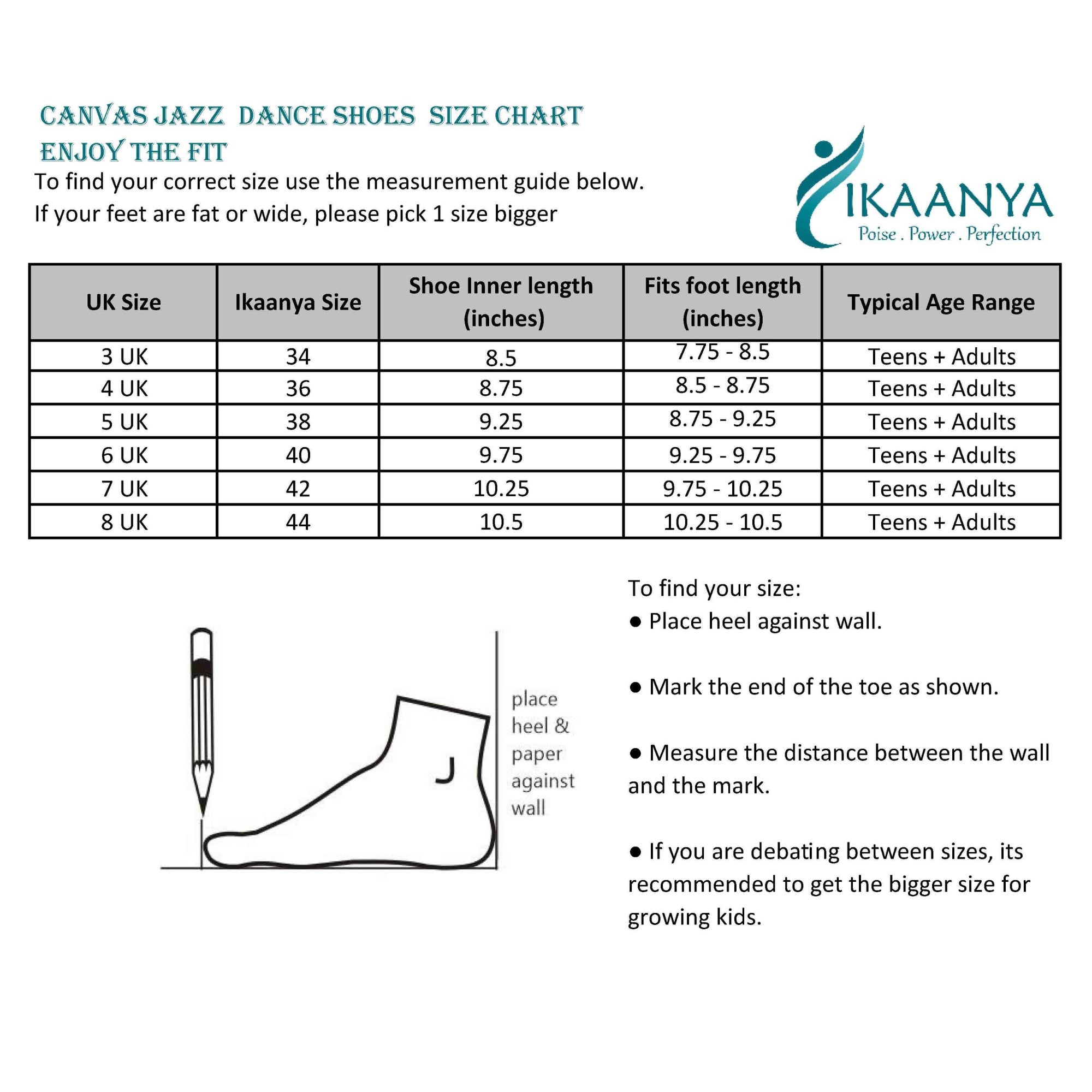 Size chart for Latin Dance Shoes