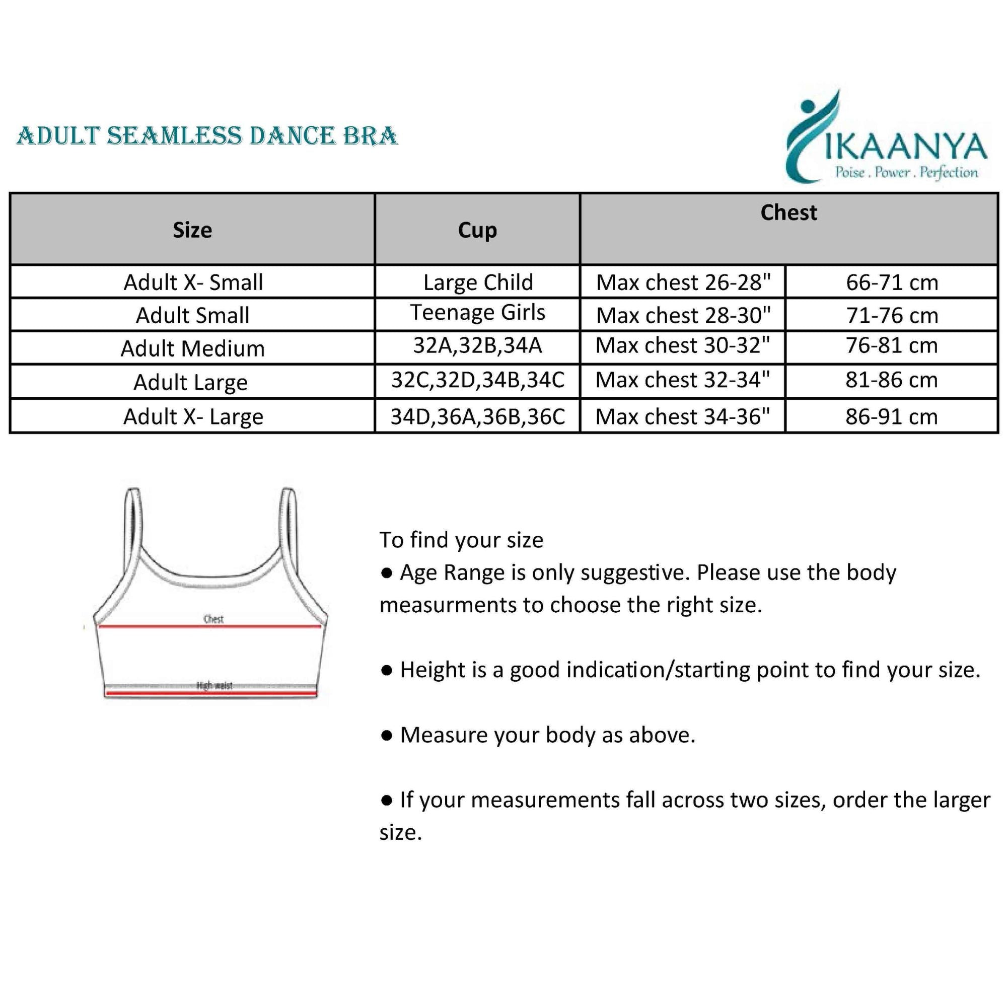 Size chart for Seamless Dance Bra