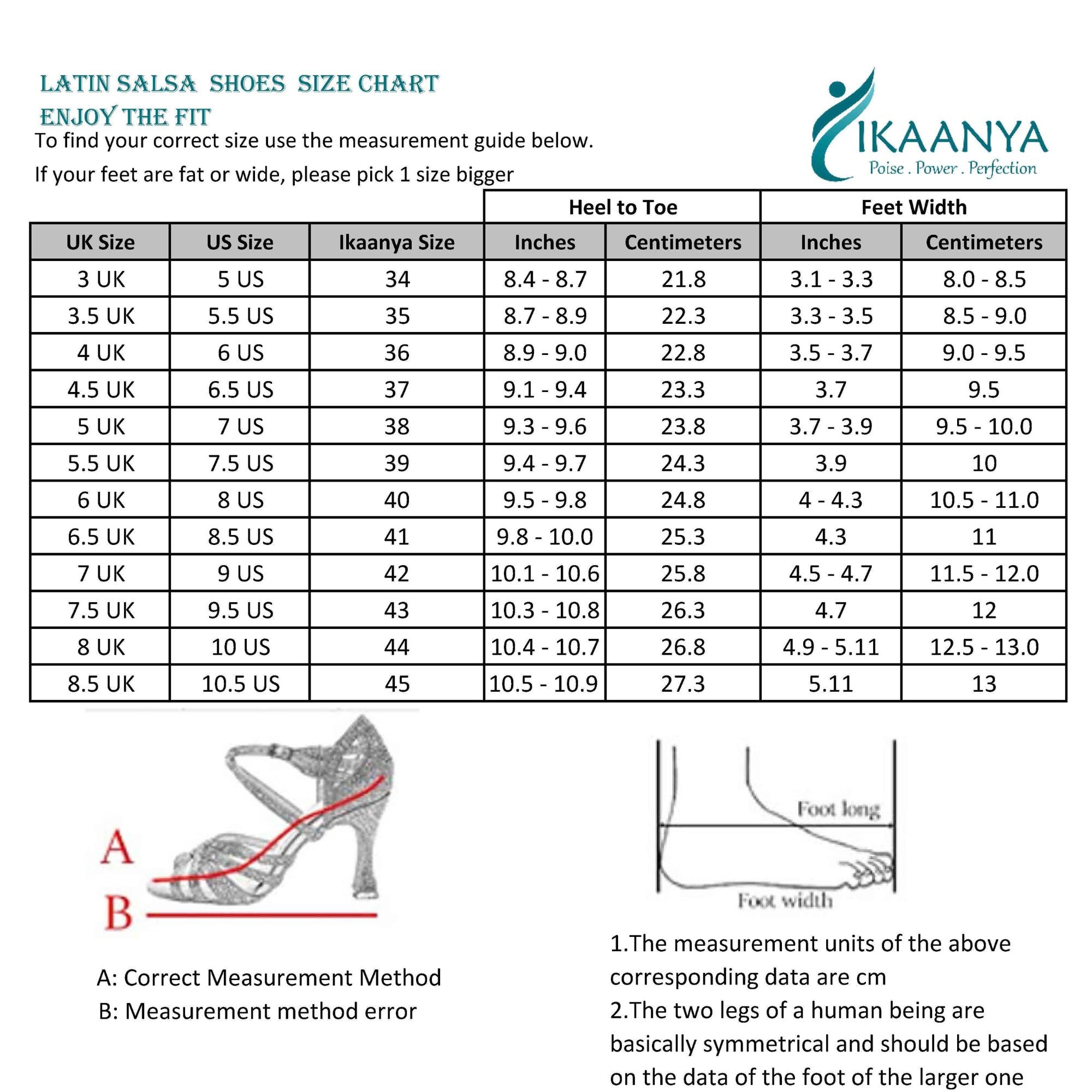 Size chart for Cuban Dance Heels