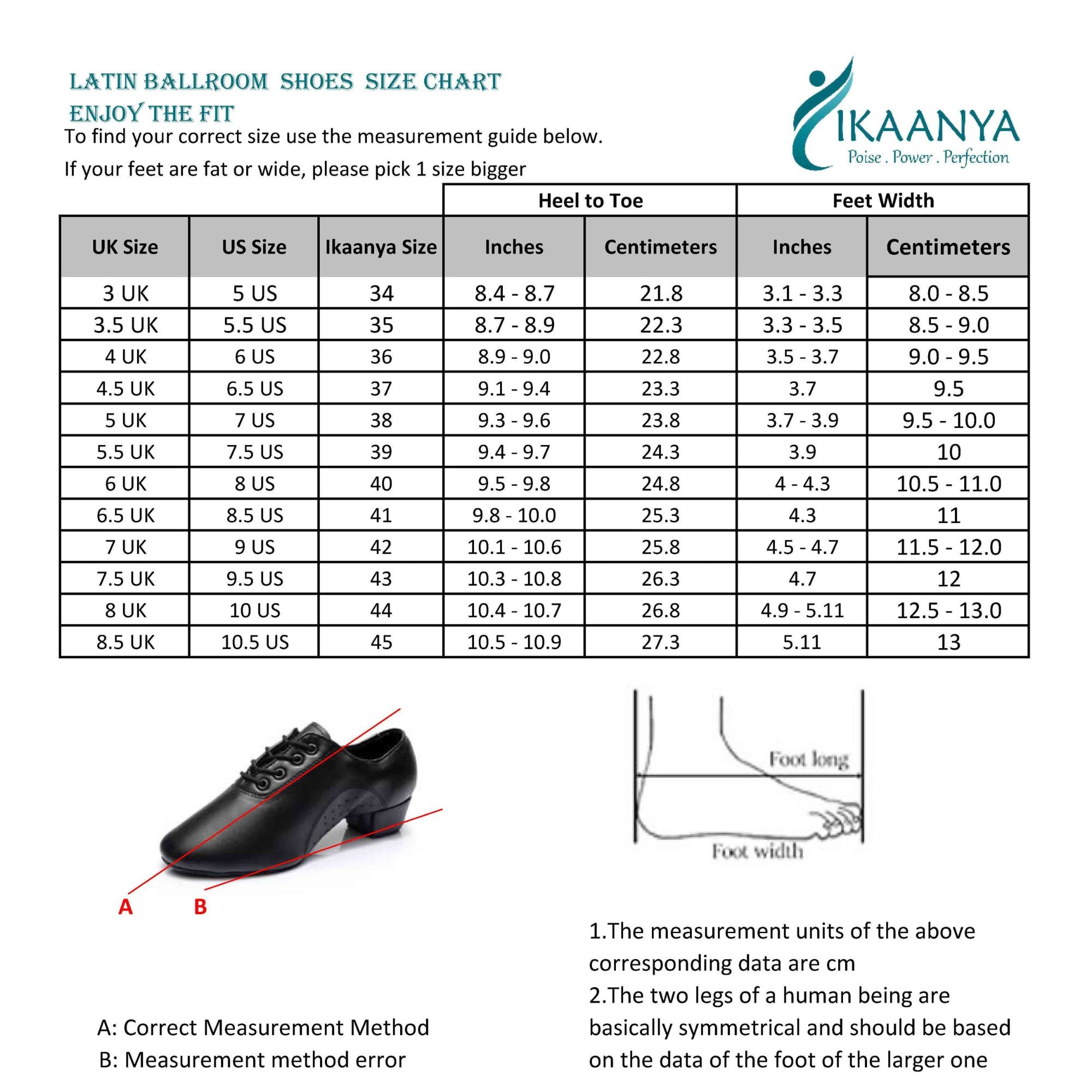 Size chart for Latin Ballroom Shoes