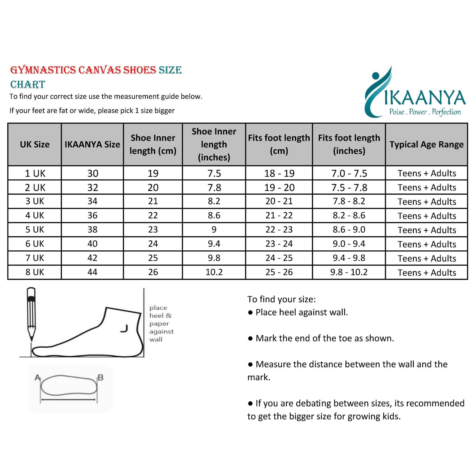 Size chart for Dance Sneakers
