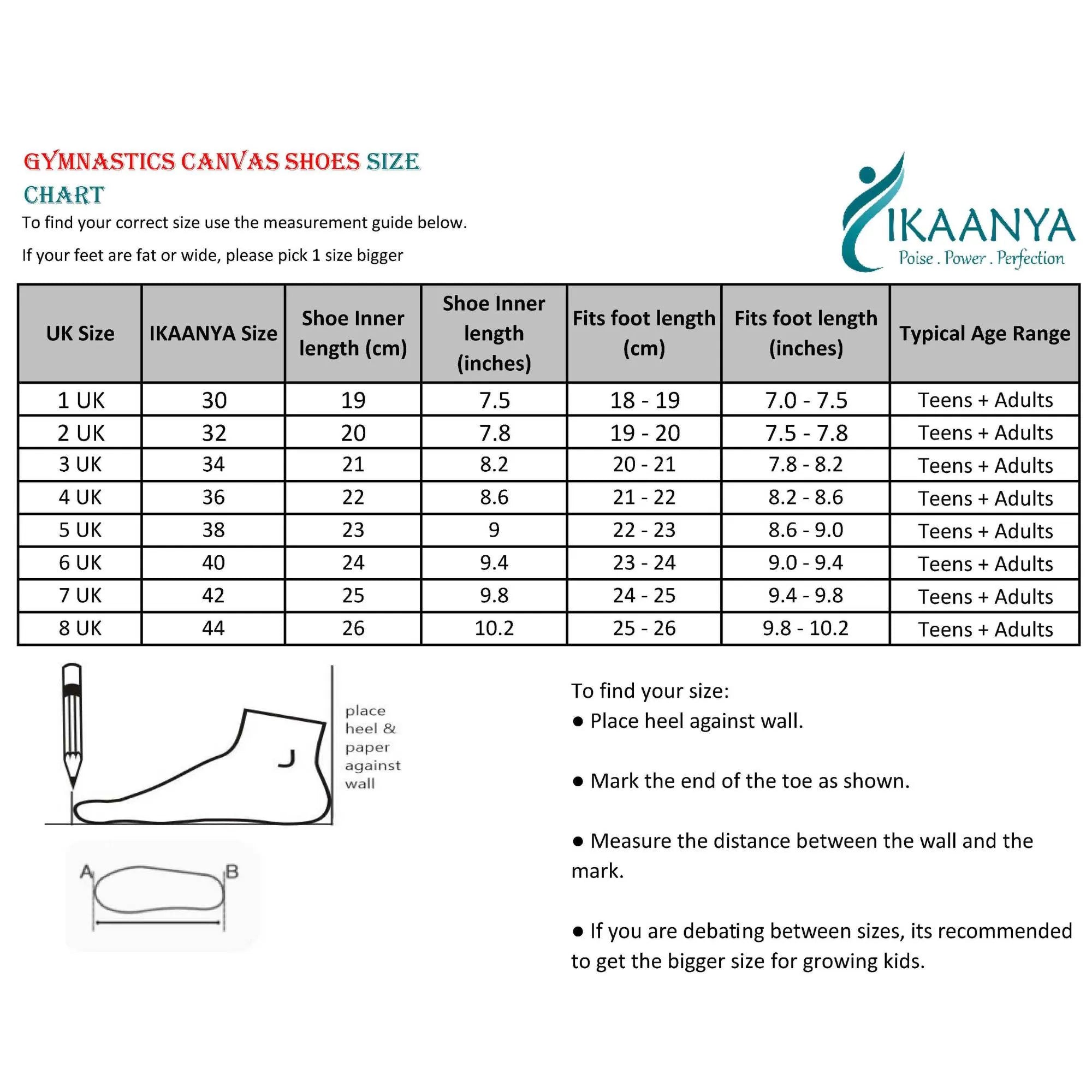 Size chart for Ultralight Gymnastics Shoes - Black
