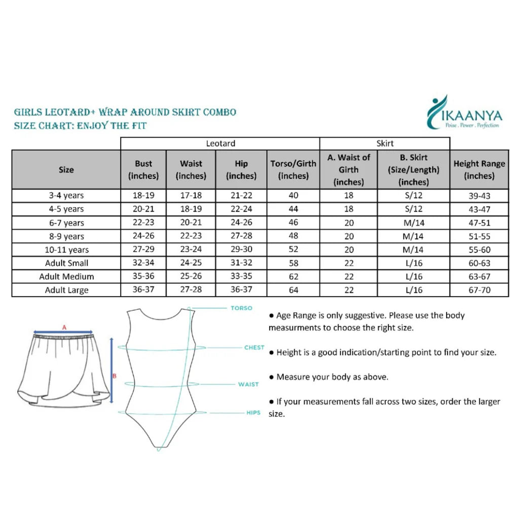 Size chart for Combo - Garden Leotard and Elastic Band Skirt