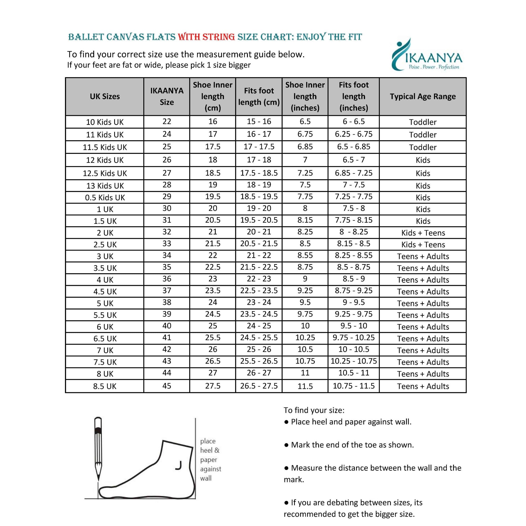 Size chart for Ballet Pink Canvas Split Sole Ballet Flats with String