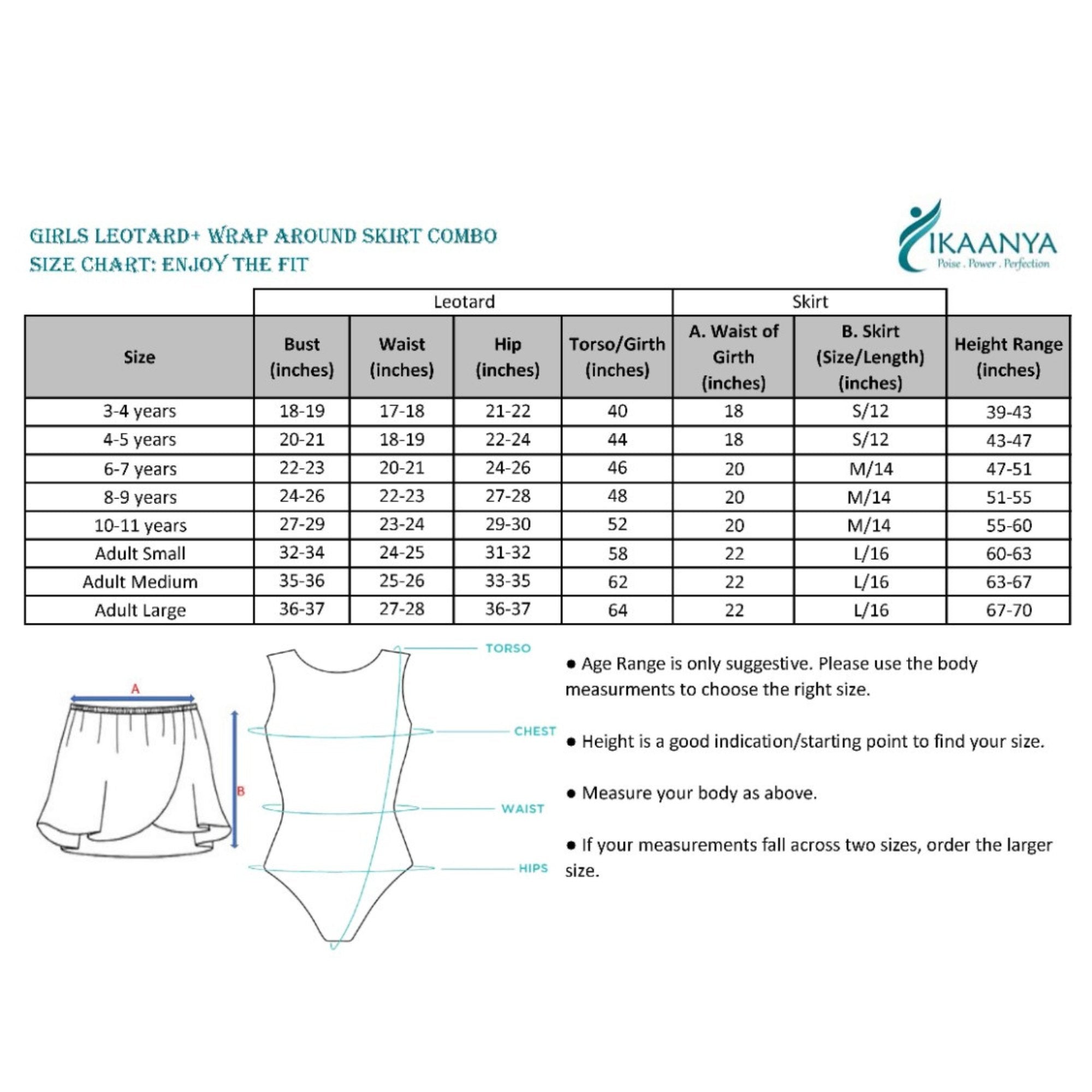 Size chart for Combo - Camisole Leotard and Wrap-around Skirt