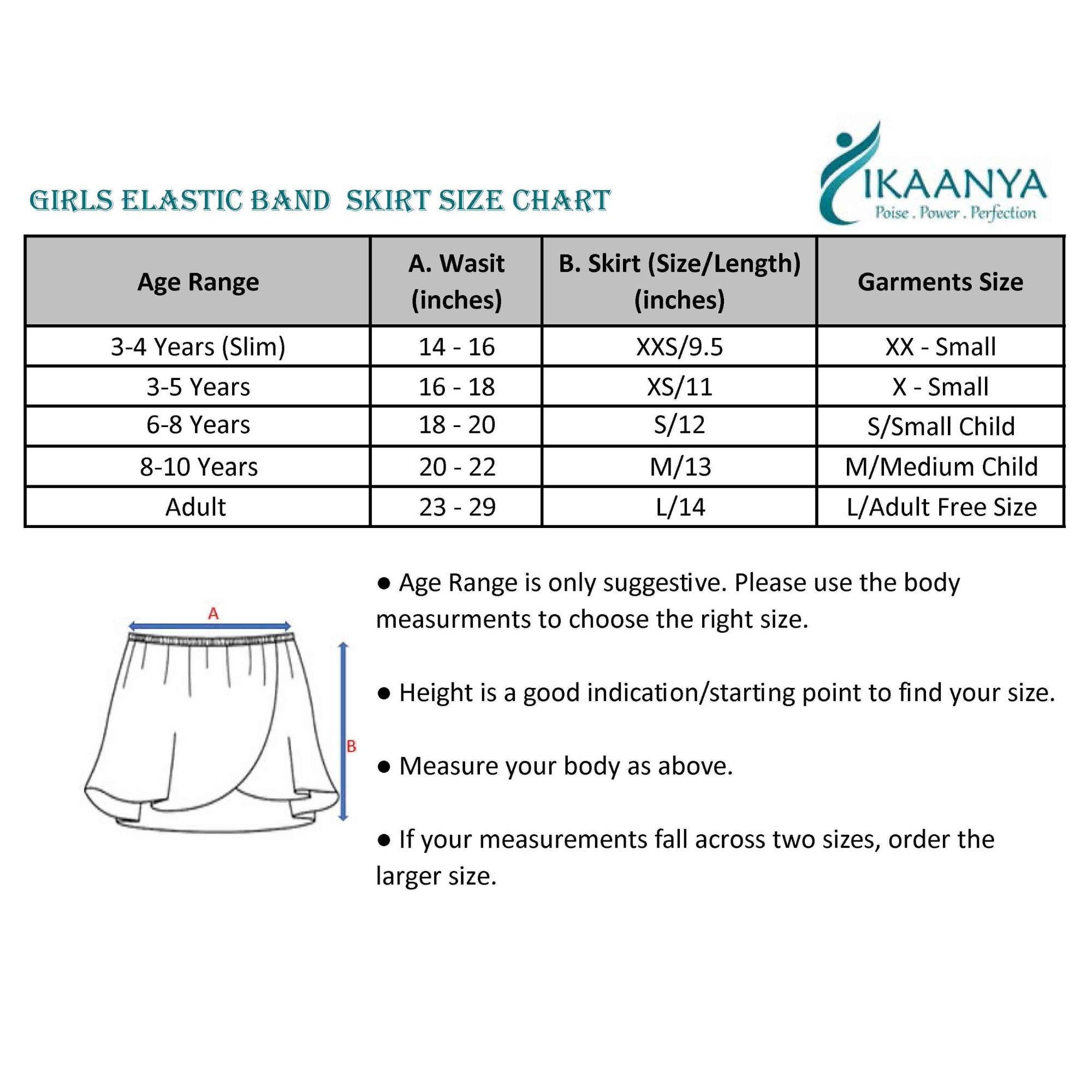 Size chart for Ballet Elastic Waist Band Skirt-Pink