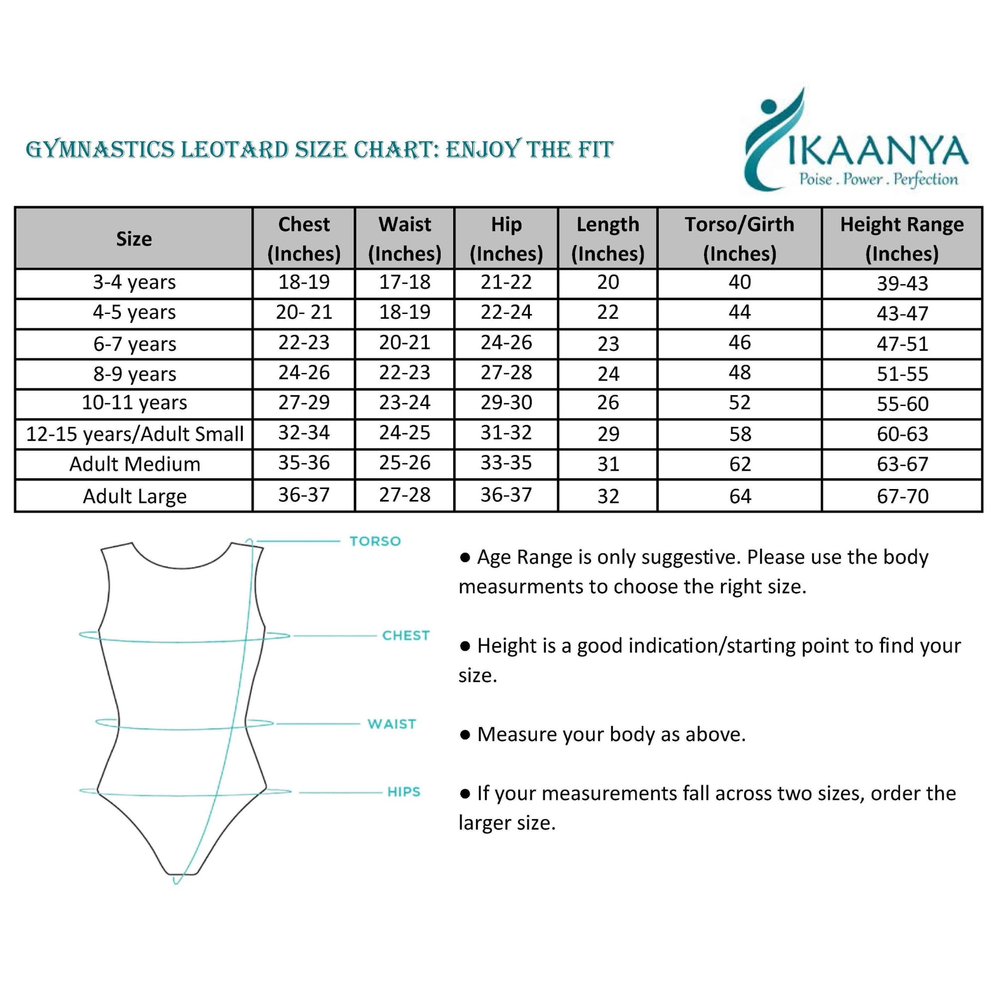 Size chart for Long Sleeve Color Block Rhinestones Leotard