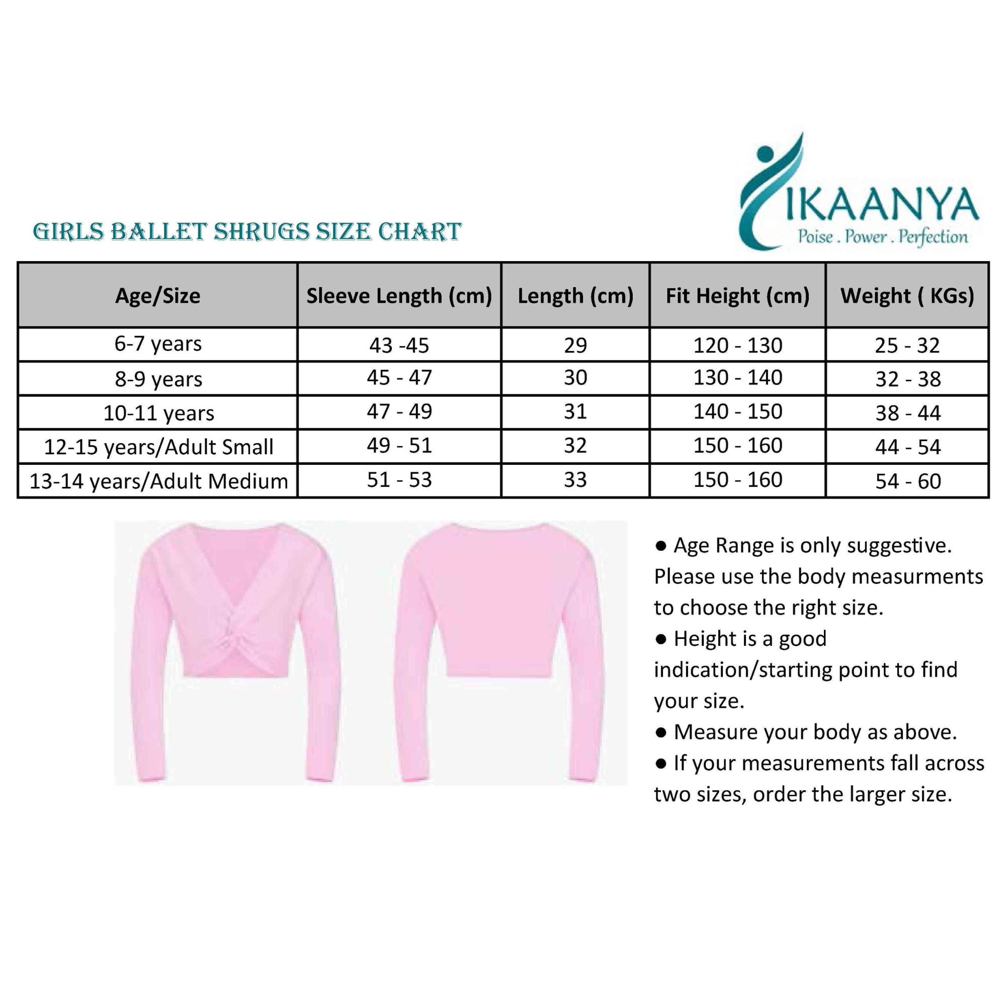 Size chart for Ballet Shrug Cover up