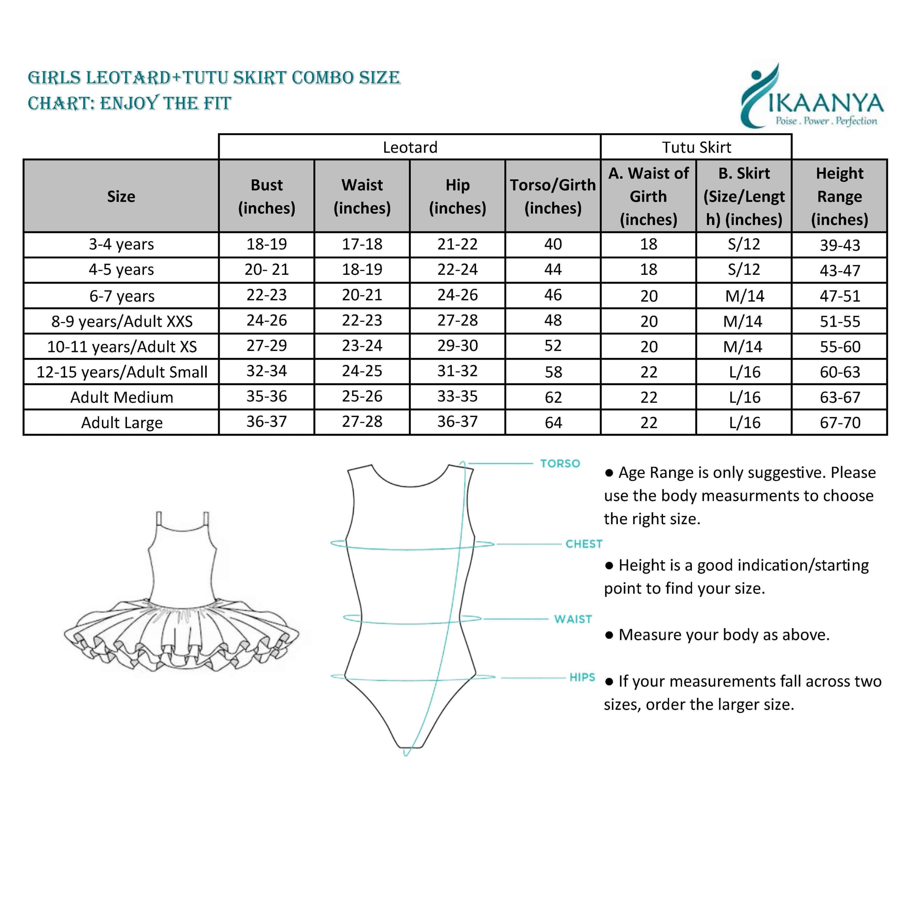 Size chart for Combo - Classic Tank Leotard and Tutu Skirt - Ballet Pink