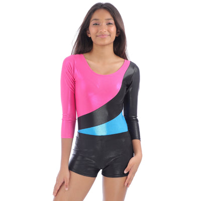 Full-Sleeves Color Block Pattern Metallic Leotard and Shorts Gymnastics Combo