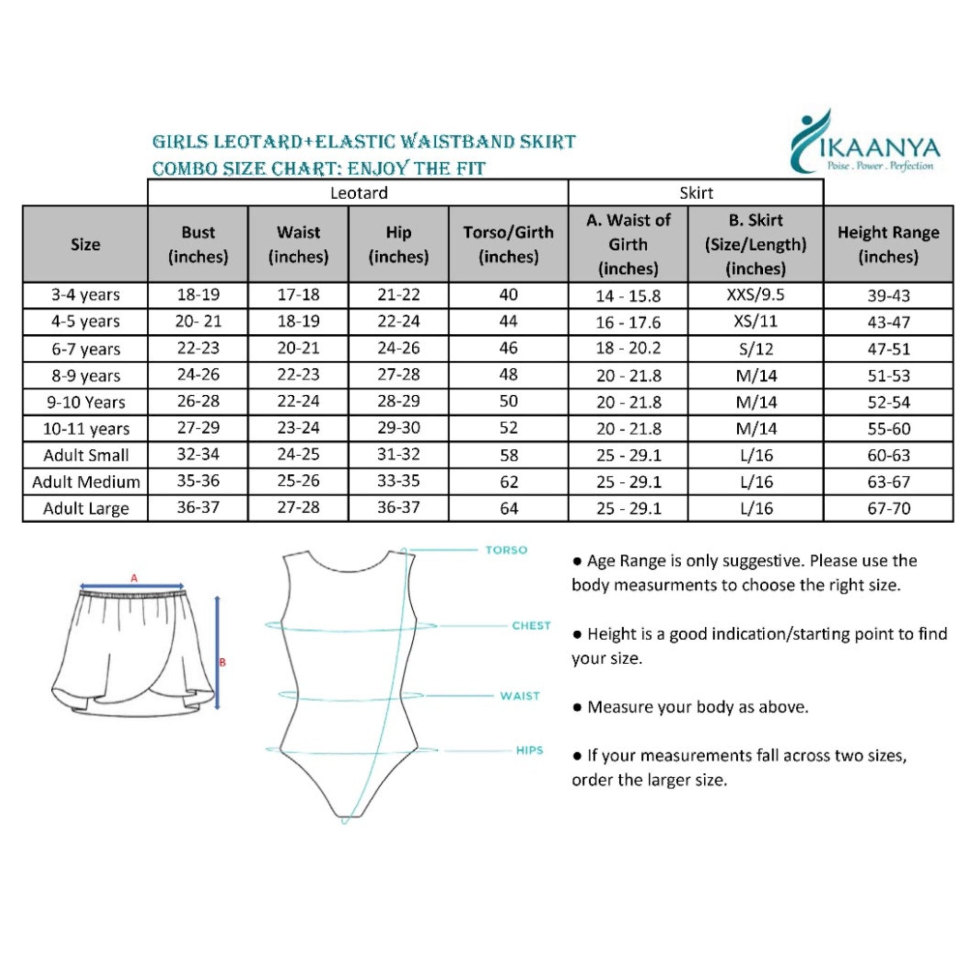 Size chart for Combo - Elegant Tank Leotard and Tutu Skirt