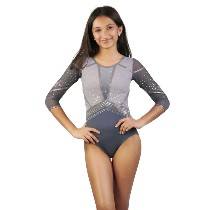 STEEL GLOW| Rhinestone Full Sleeve Leotard