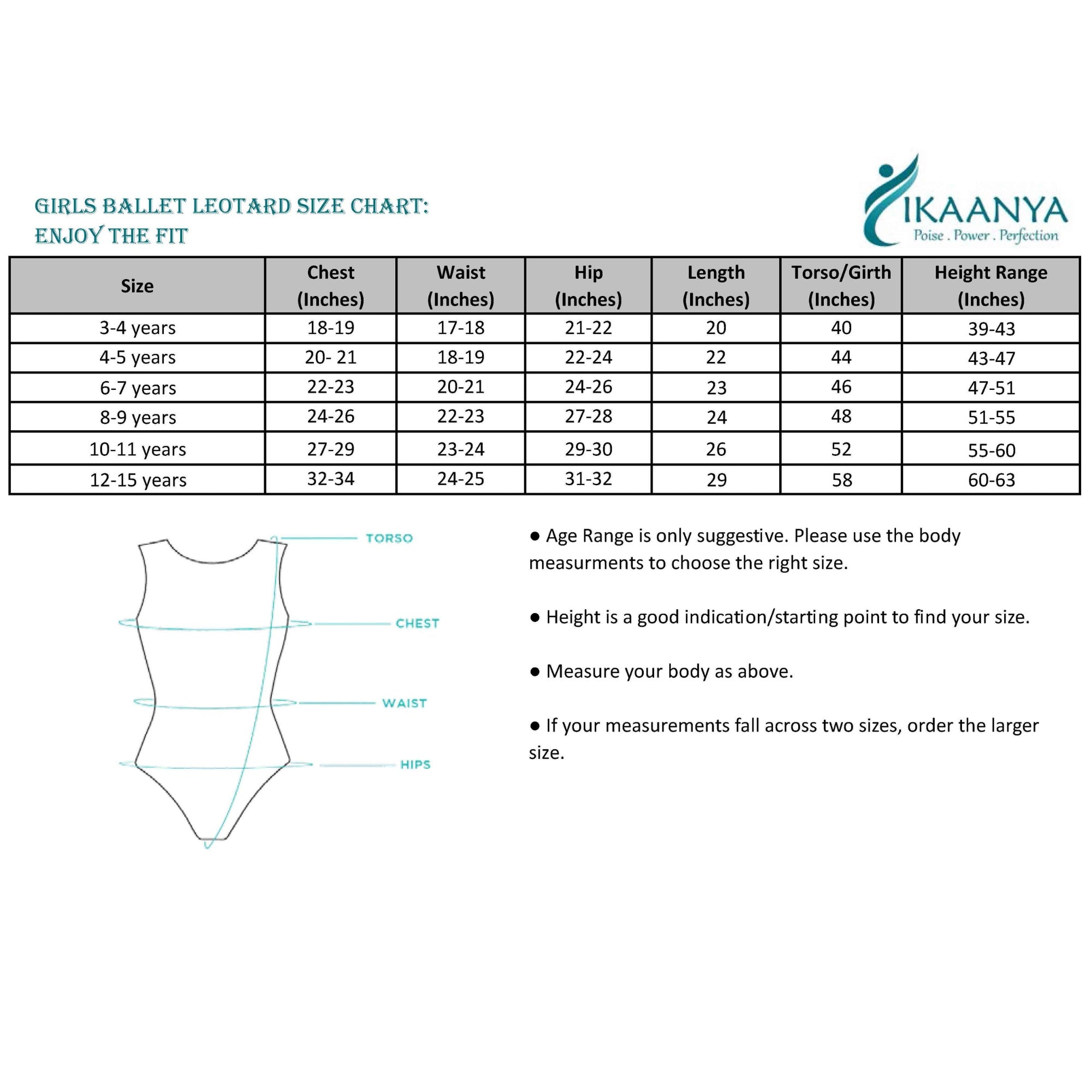 Size chart for Classic Leotard