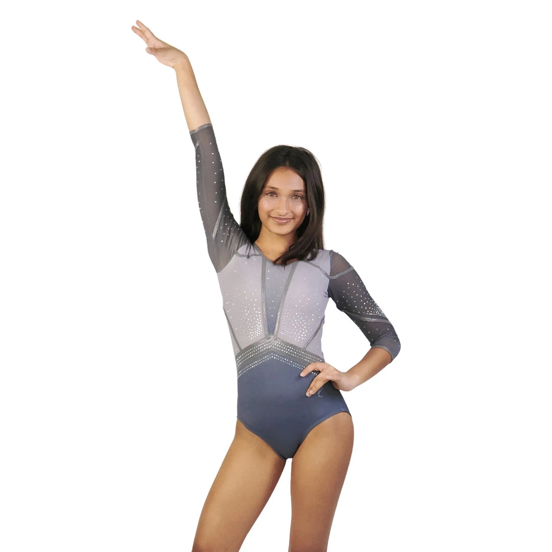 STEEL GLOW| Rhinestone Full Sleeve Leotard