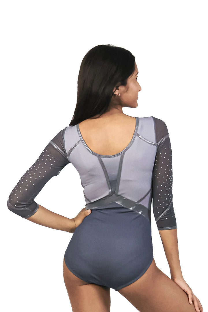 STEEL GLOW| Rhinestone Full Sleeve Leotard