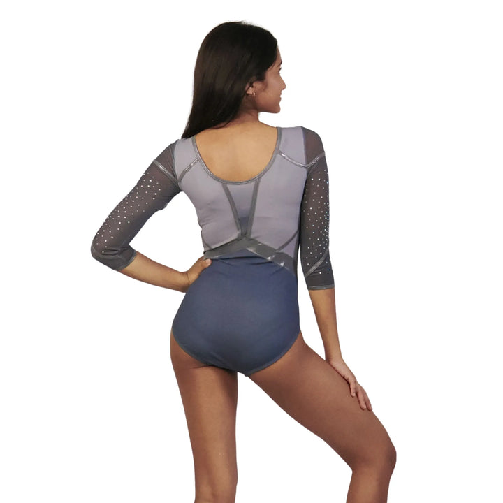 STEEL GLOW| Rhinestone Full Sleeve Leotard