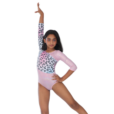 Leopard Print Shiny Gymnastics long sleeves Leotard