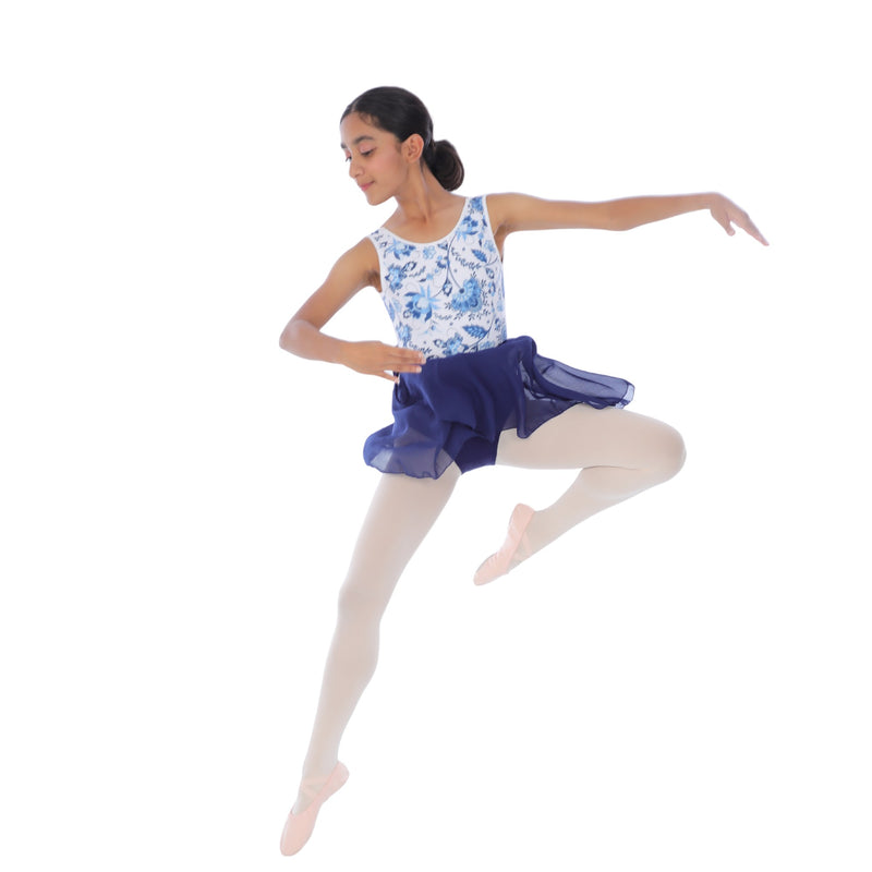 Navy Garden Elegance Leotard with Elastic Band Skirt