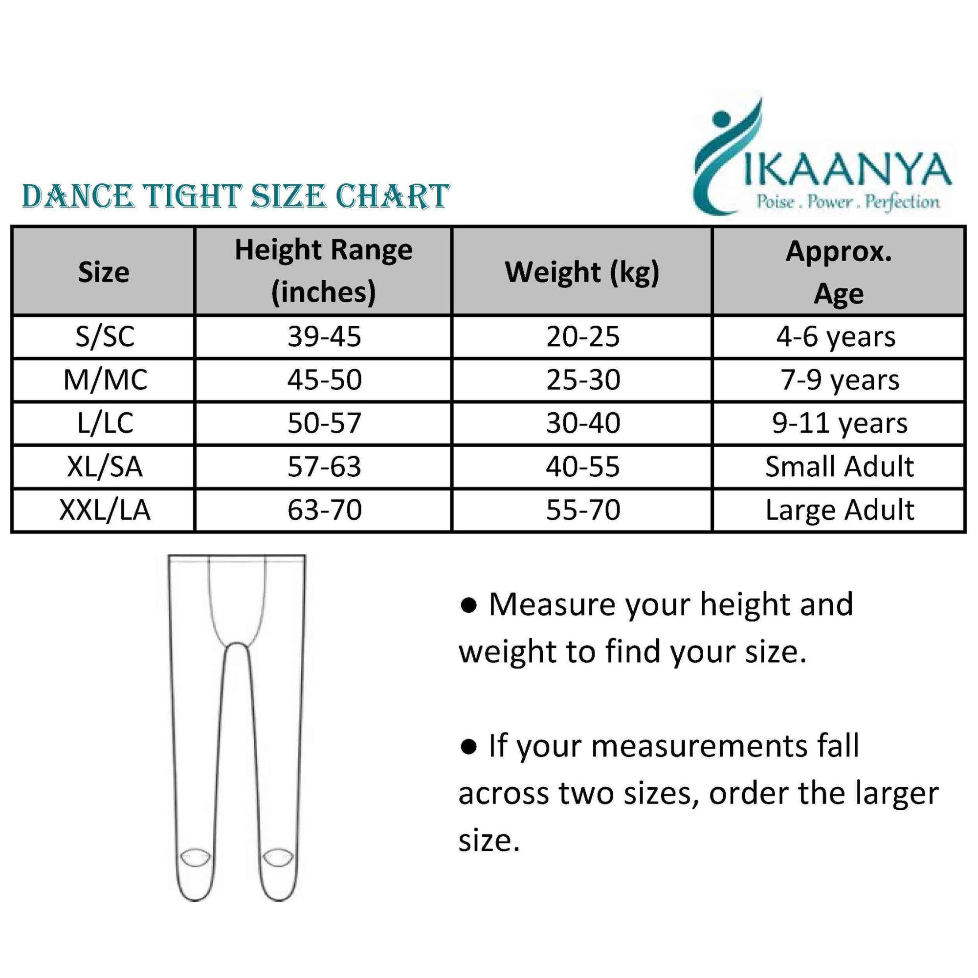 Size chart for 2-pcs Combo Ballet Pink Professional Footed Tights