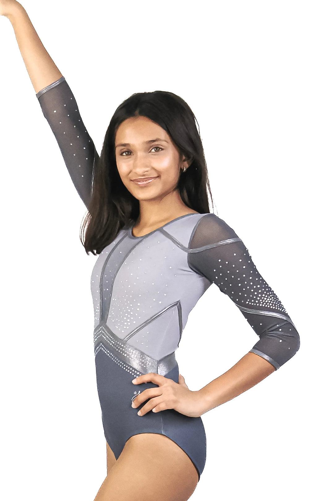 STEEL GLOW| Rhinestone Full Sleeve Leotard