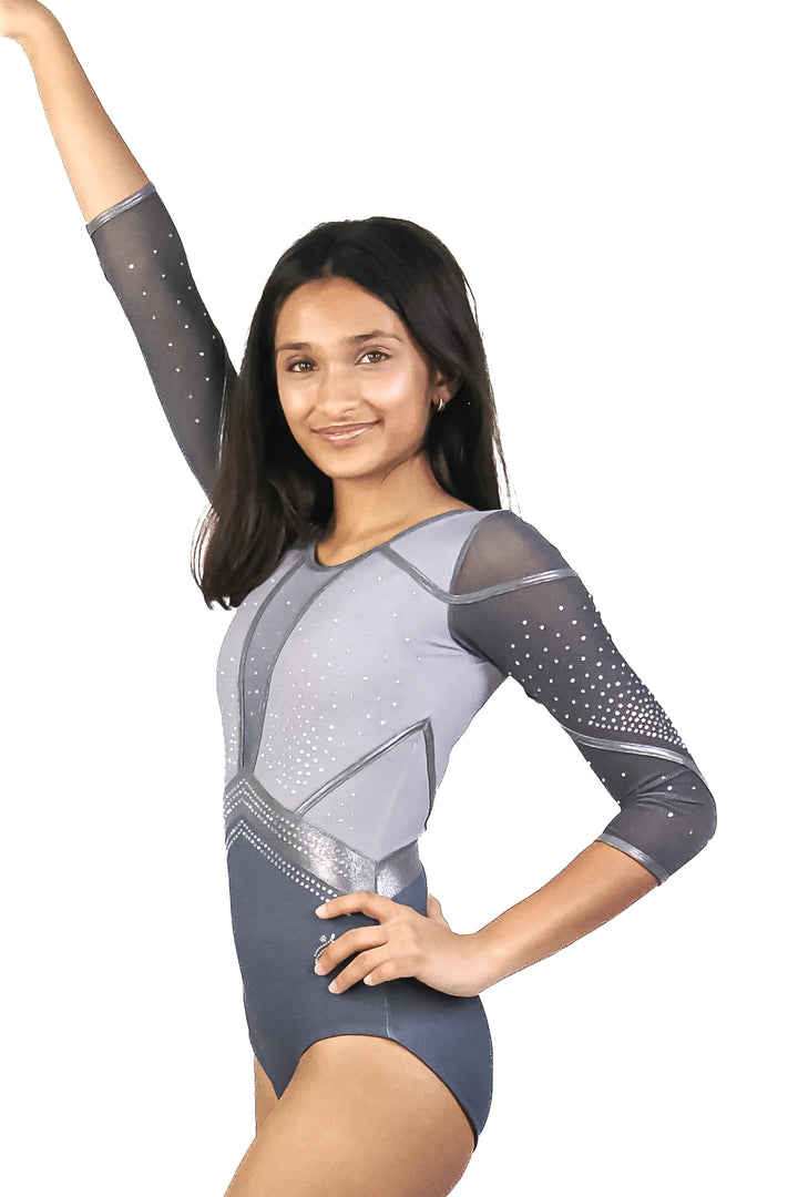 STEEL GLOW| Rhinestone Full Sleeve Leotard