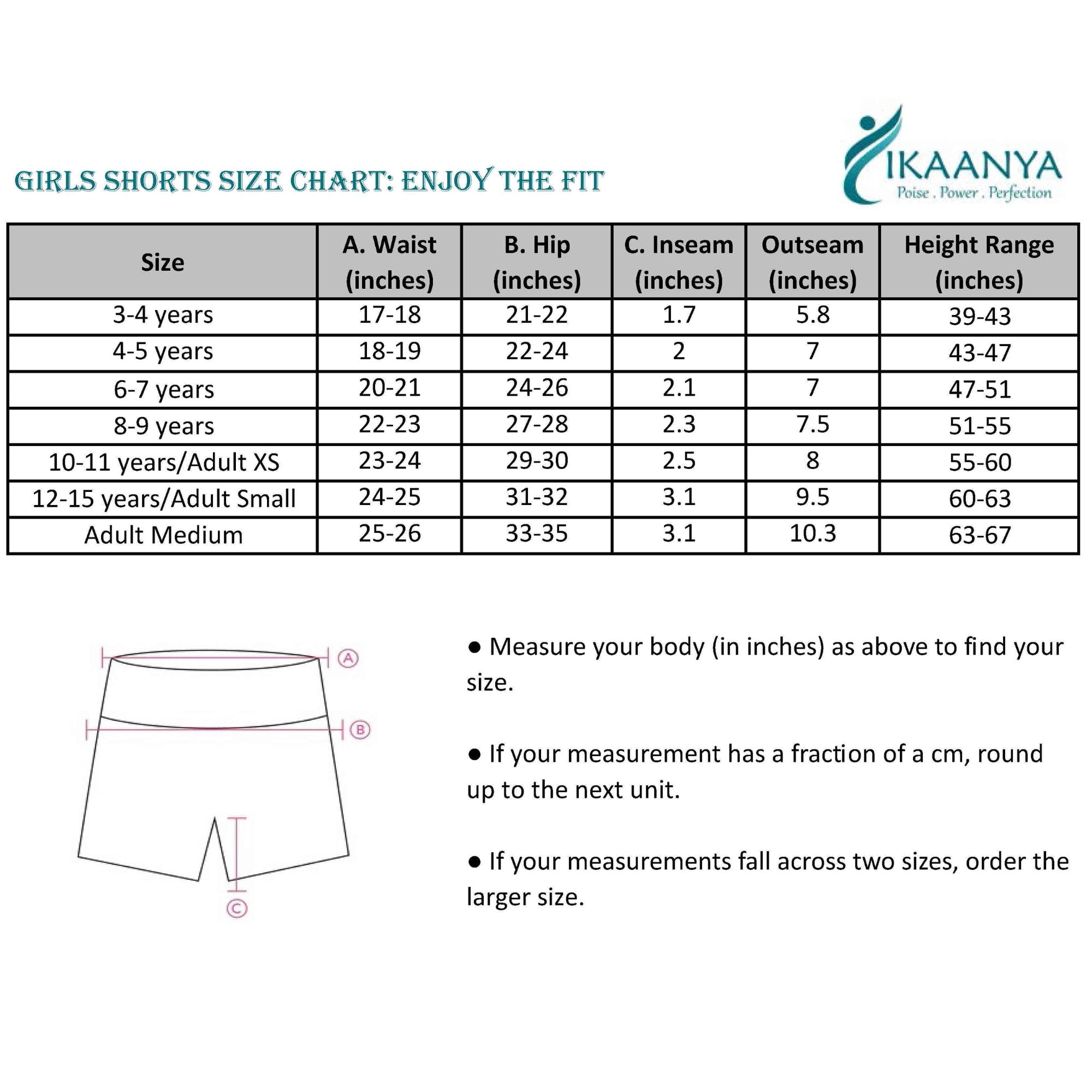Size chart for Metallic Finish Gymnastics/Dance Shorts