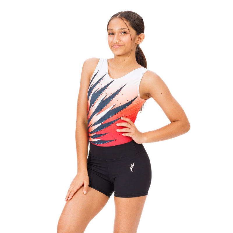 Sleeveless Feather Pattern Leotard with Rhinestones and Shorts combo
