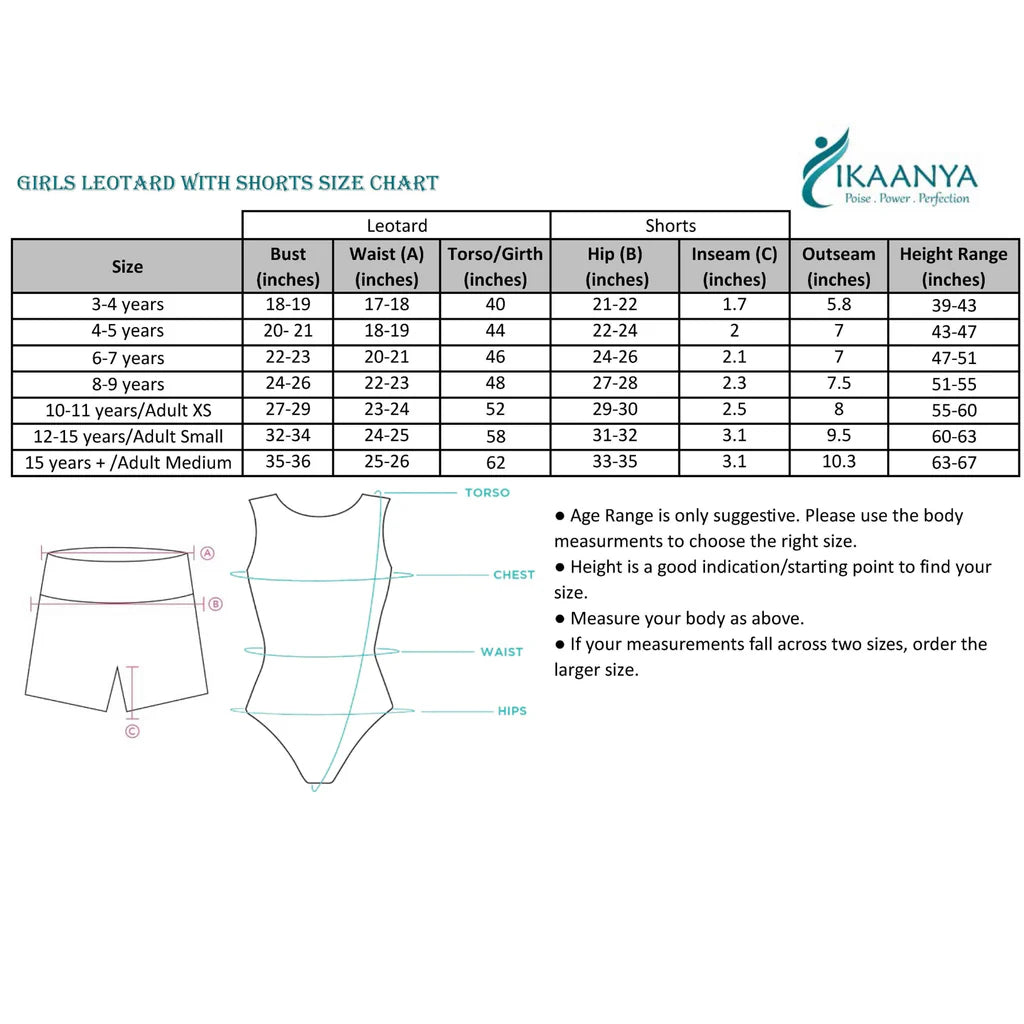 Size chart for Combo - Garden Leotard and Navy Shorts