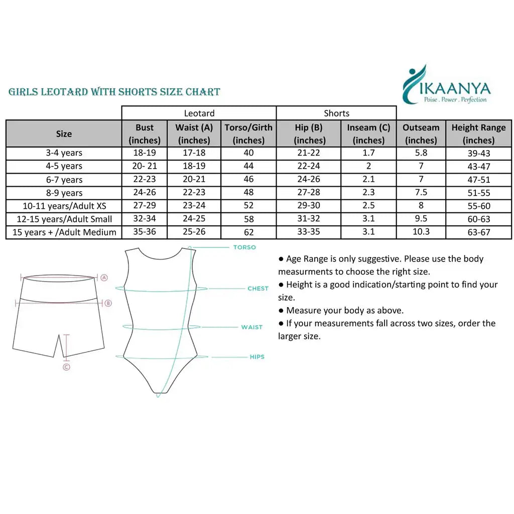 Size chart for Combo - Fire Leotard and Shiny Shorts - Silver