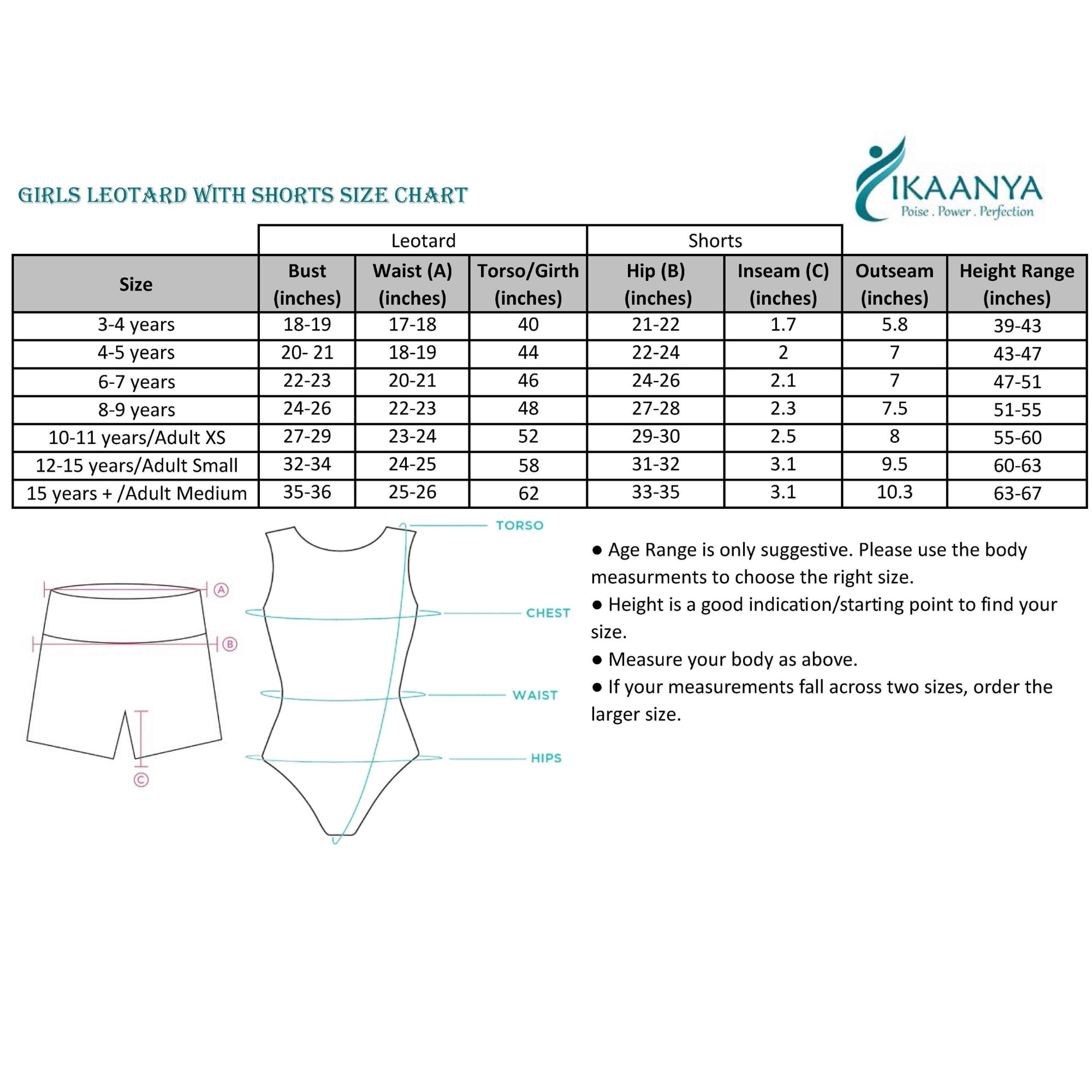 Size chart for Combo -Valentina Leotard and Shiny Shorts