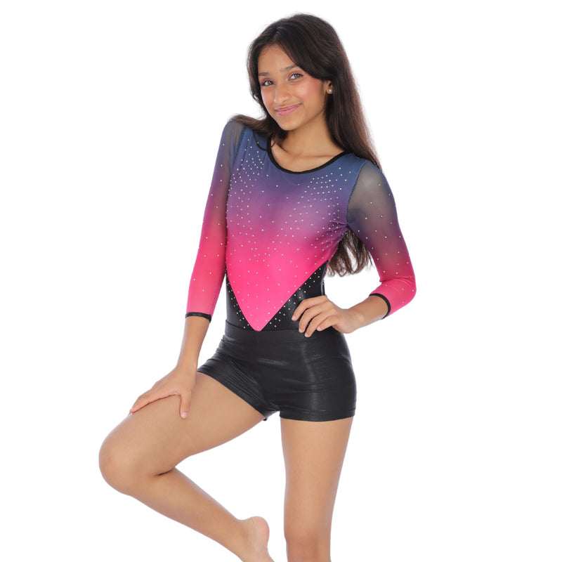 Blue Pink Ombre Long Sleeves Rhinestone Leotard With Shorts