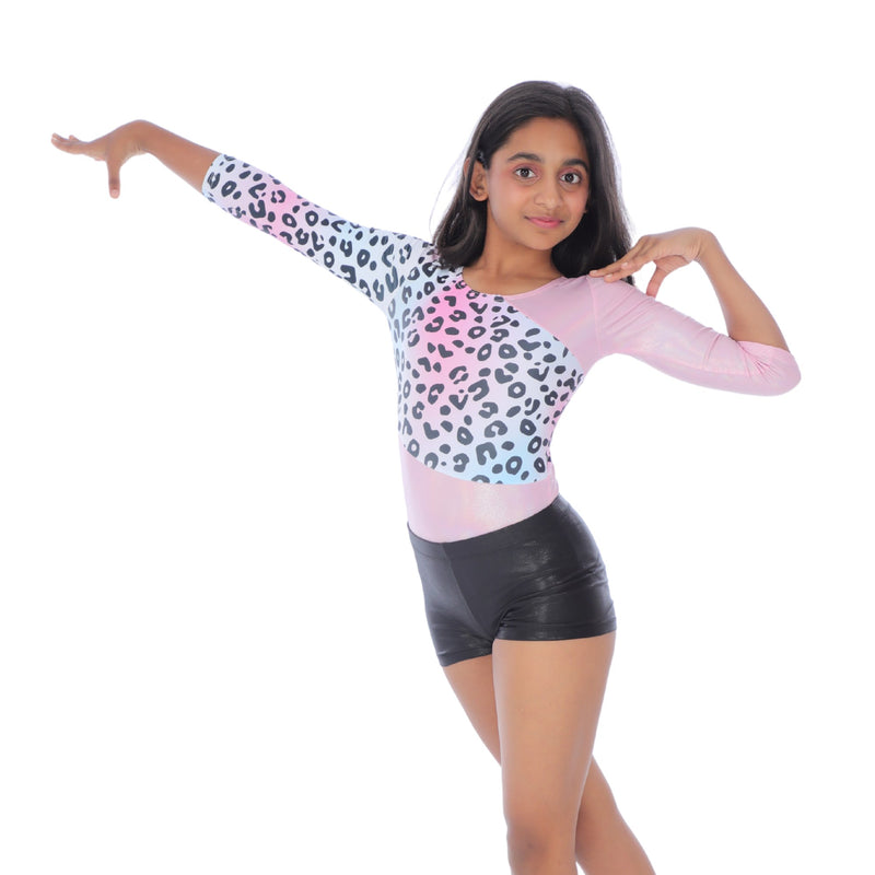 Leopard Print Full Sleeves Leotard with Shorts