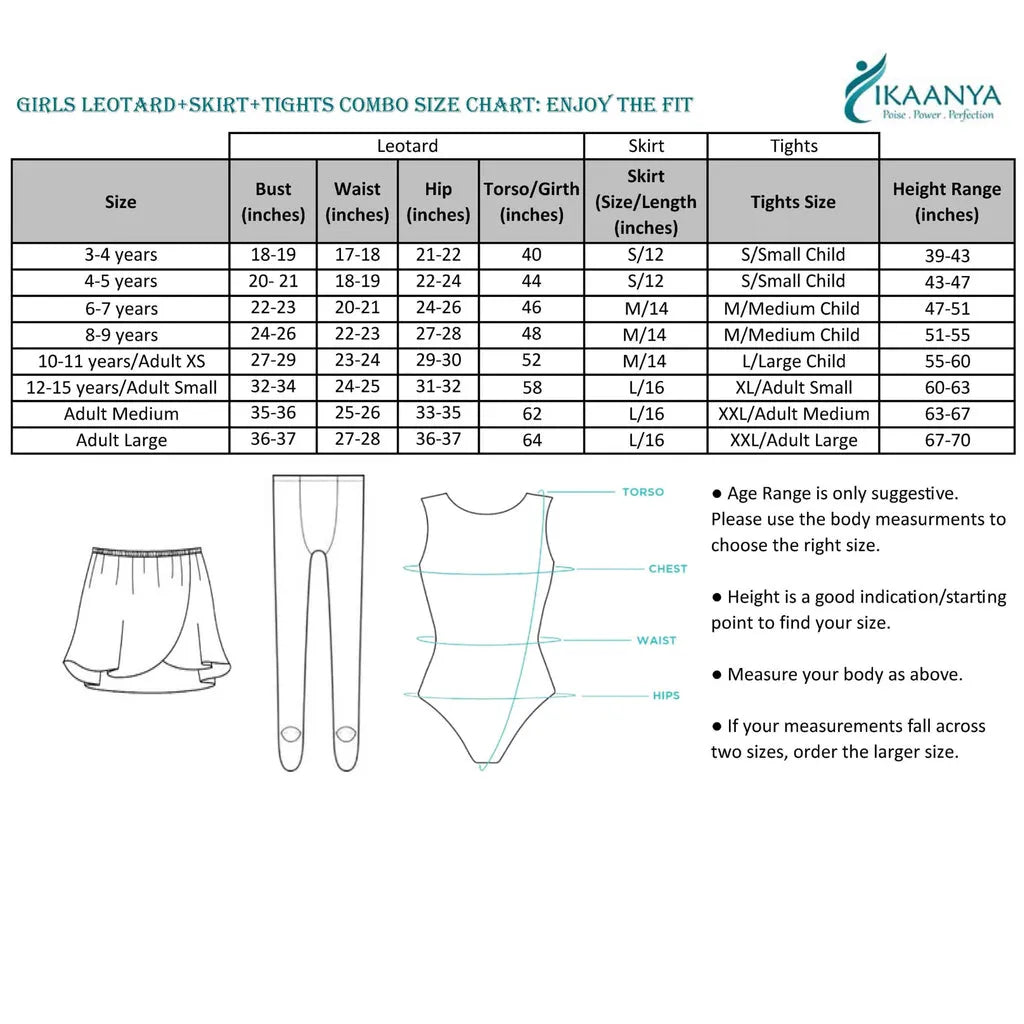 Size chart for Combo - Luna Tank Leotard, Wrap around Skirt and Convertible Tights - Black