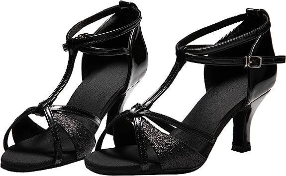 Latin Ballroom T-strap Dance Salsa shoes with Glitter Satin