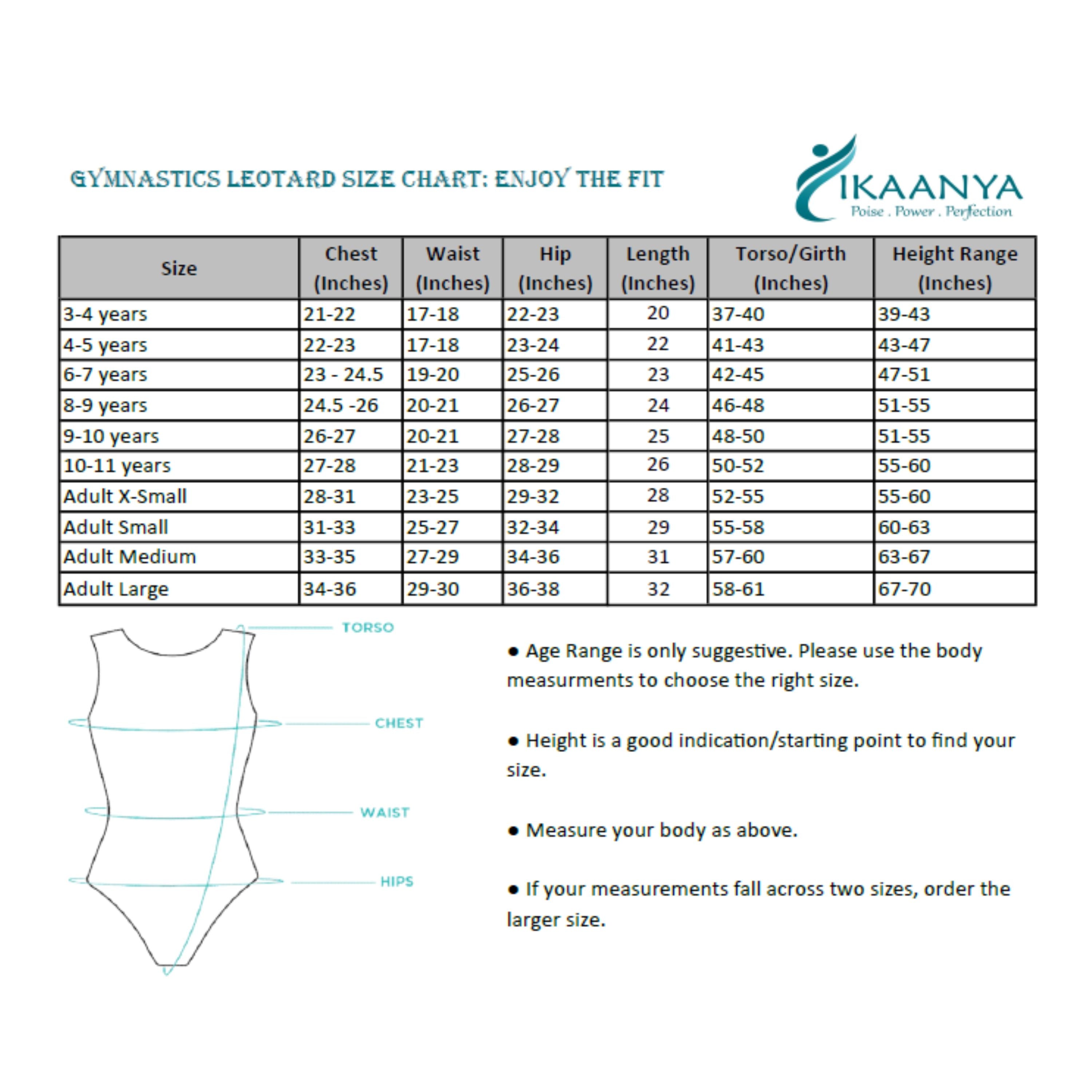 Size chart for CONTRAST TRIM LEOTARD | Jeans Blue