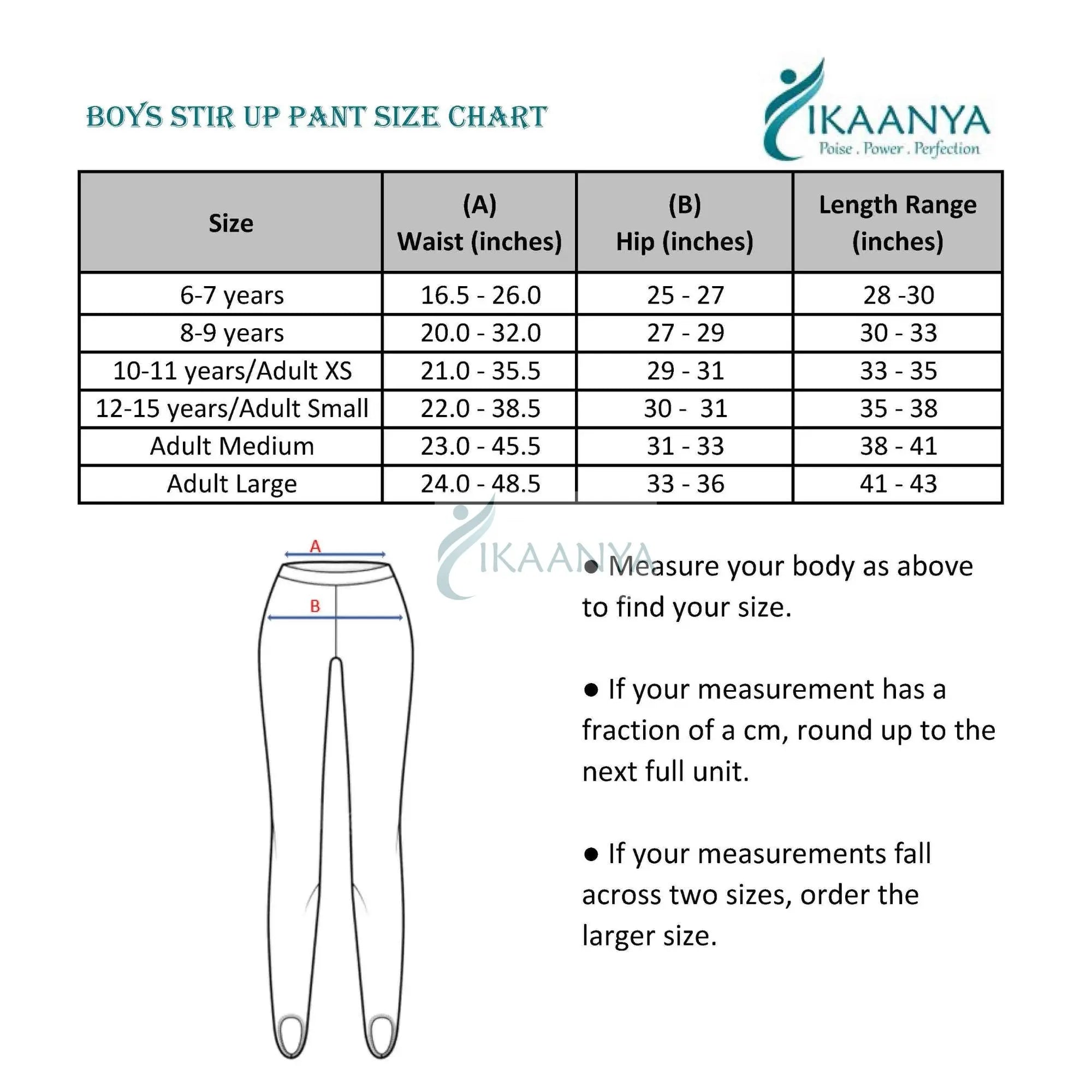 Size chart for Boys Gymnastics Pants