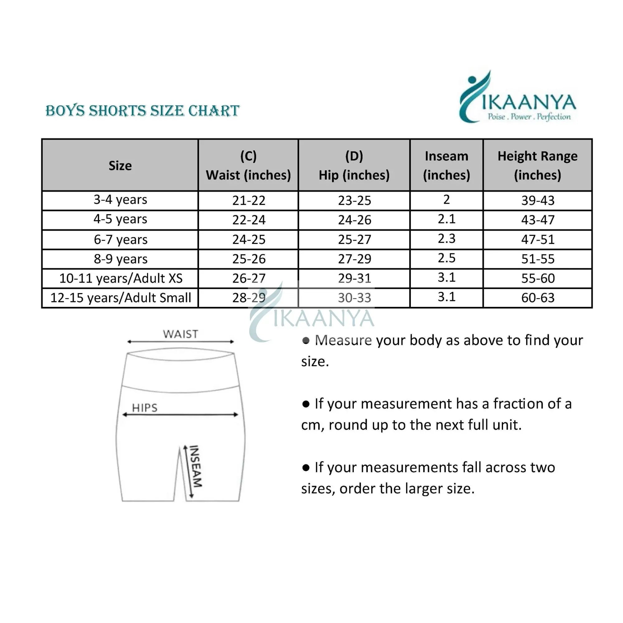 Size chart for Boys Gymnastics Shorts